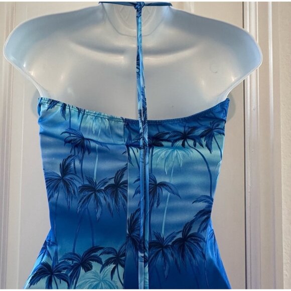 Halter Neck Blue Palm Tree Print Dress By Lipstick Damore - Picture 5 of 9